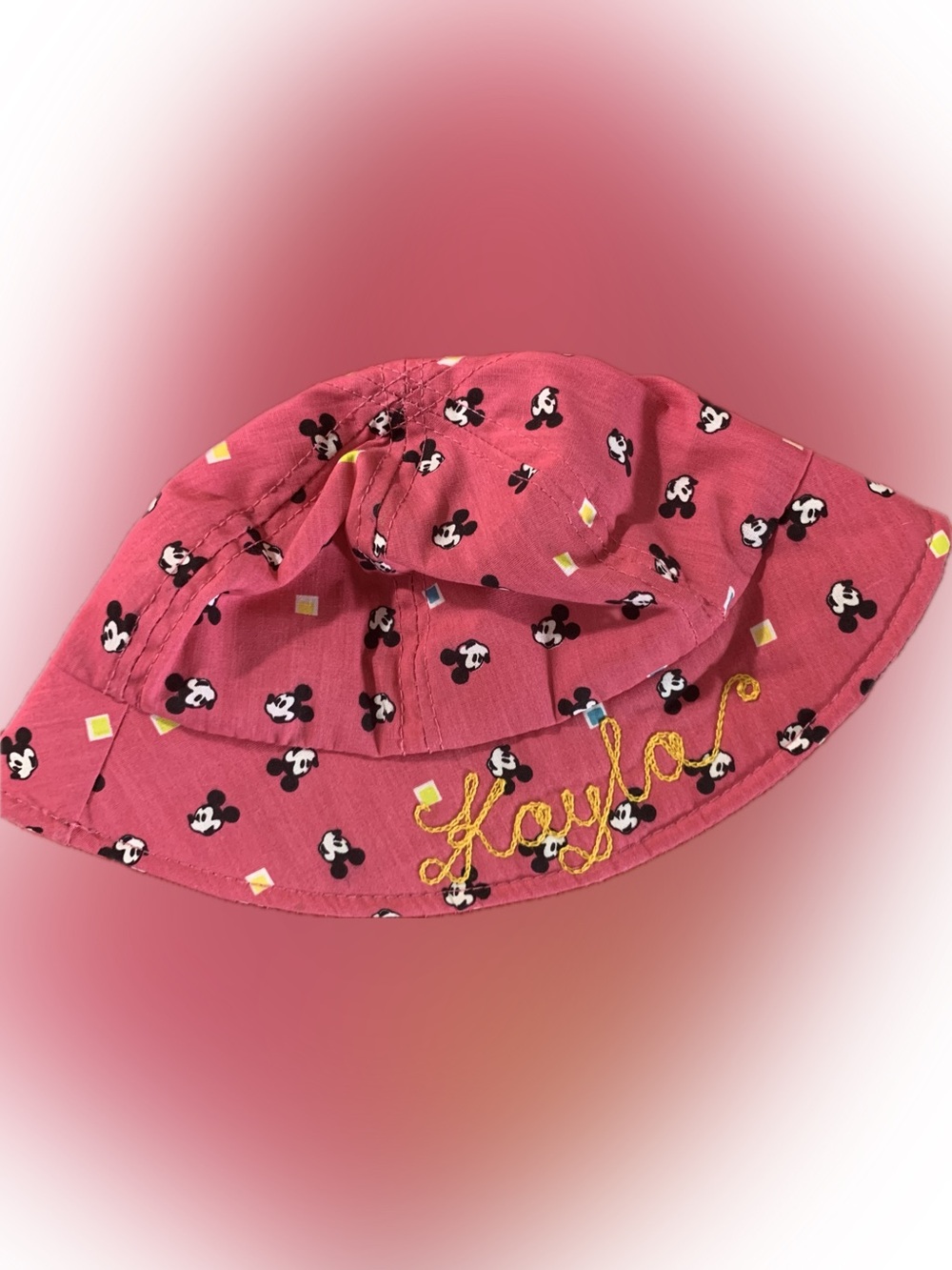 Vintage Disney USA made pink Mickey Mouse bucket cap w chain stitched Kayla name